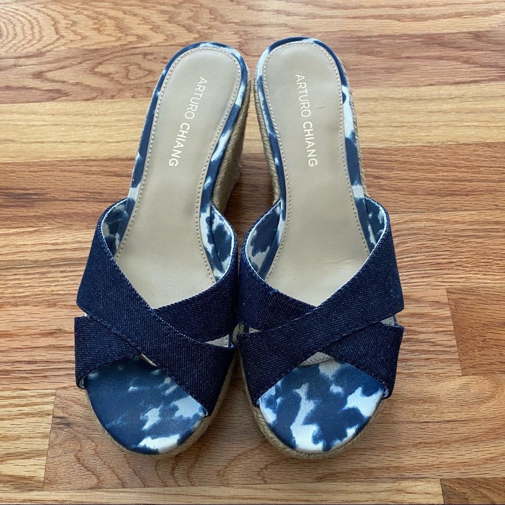 Arturo Chiang Blue‎ Denim Espadrille Wedge Slides